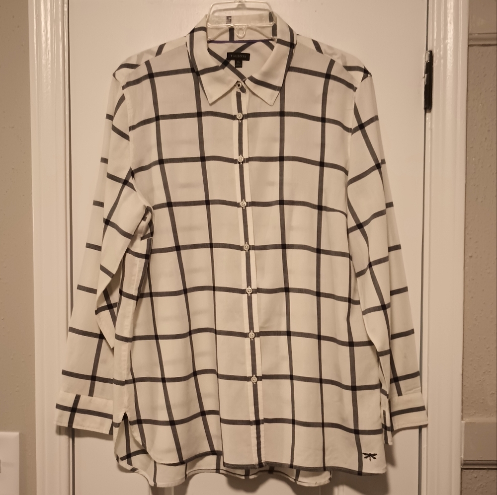 Talbot's 100% cotton cream black plaid blouse size XL